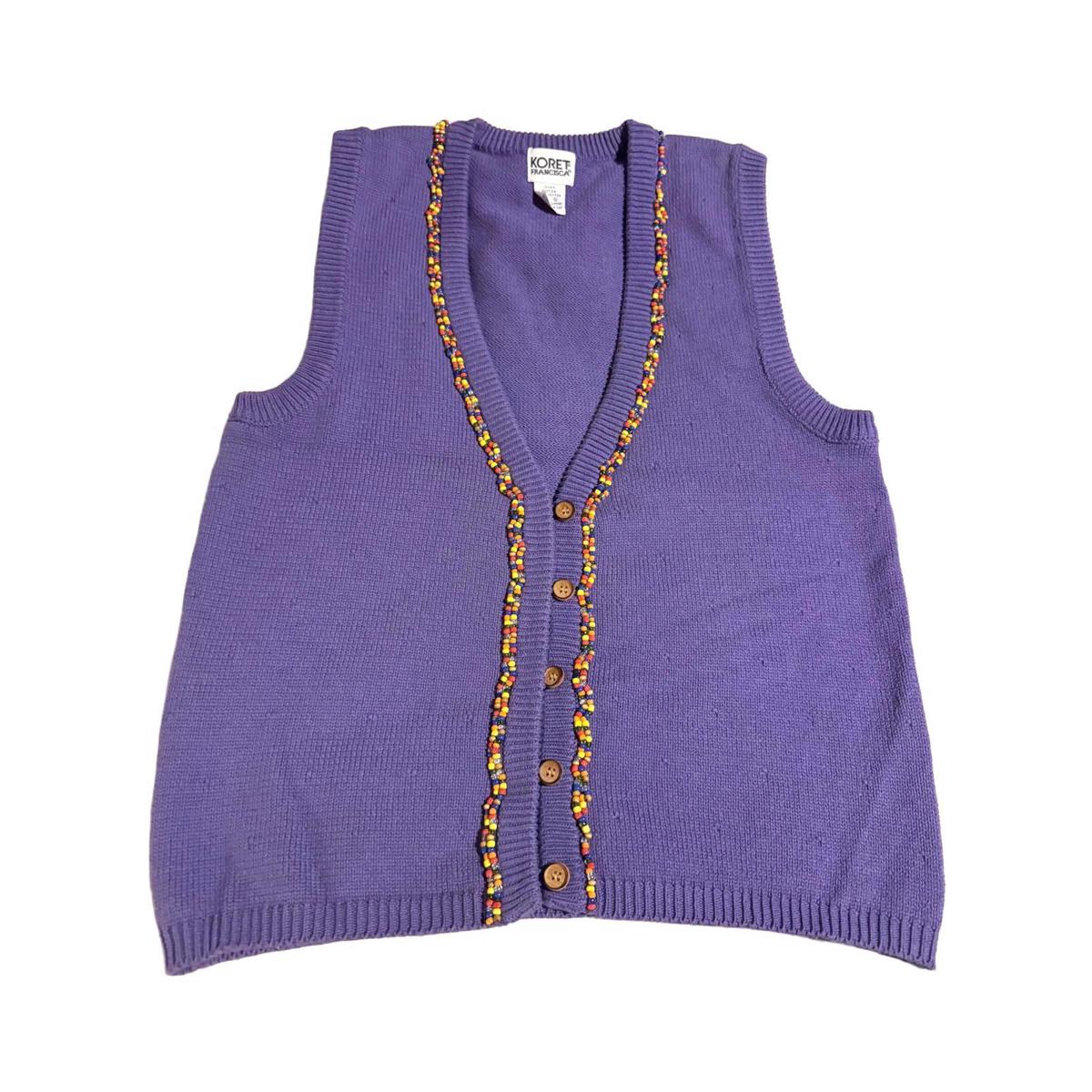 Vintage Koret Francisca Purple Vest Usa Buttons, Colorful Beads, 100% Cotton S